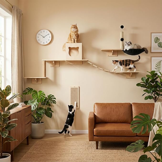 Cat Wall Shelves, Modern Wall-Mounted Cat Furniture Includes House, Bridge, Steps, Scratcher, Perch & Lounge for Indoor Cats, Space-Saving Wall Mounted Cat Shelves for Play & Rest