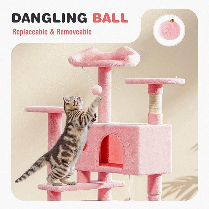 Cat Tree 54 Inch, Multi-Level Cat Tower with Condo, Perches, Sisal Scratching Posts and Climbing Ladder, Pet Play Toy Balls House for Indoor Cats, Pink