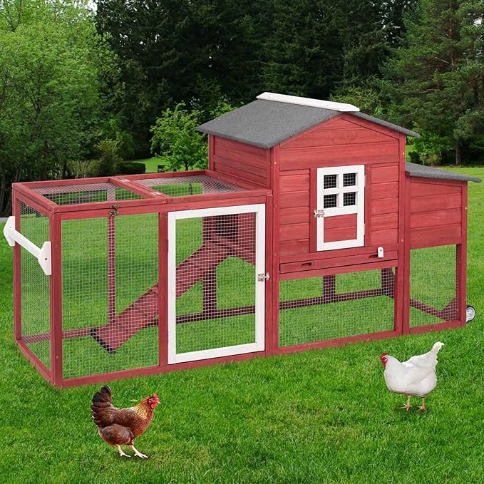 Wooden Chicken Coop Cage Outdoor Indoor Hen House with Nesting Box, Waterproof Roof, Removable Tray for Poultry Pets Enclosure Garden Backyard (RED)