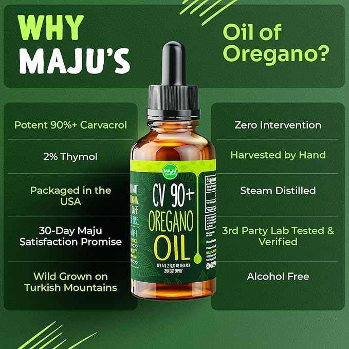 MAJU Oregano Oil Drops - Potent 90%+ Carvacrol (2 fl Oz) Wild Mediterranean Essential Liquid, Aceite de Oregano, Immune and Seasonal Support (3-Pack)