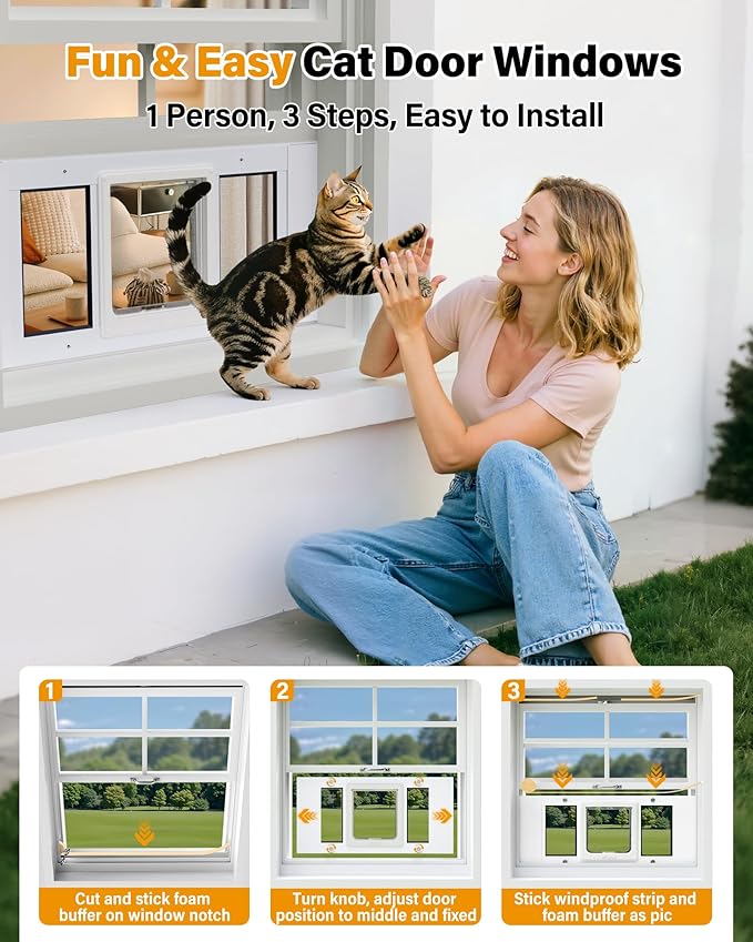 Cat Door for Window Weatherproof: Aluminum Frame Flap Pet Door Quick Fit Window Insert - Easy Adjustable to Fit Windows Width 27"-32" - 4 Secure Lock Modes with Magnetic Closure for Dog Cats