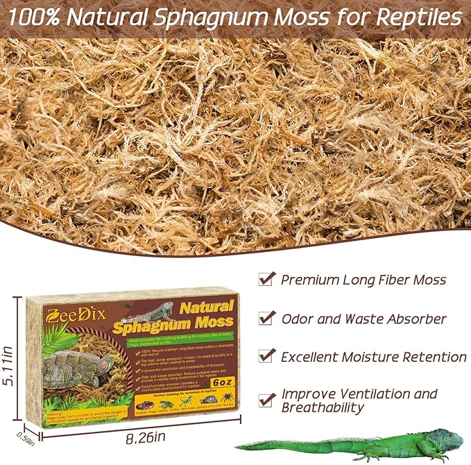 ZeeDix 6OZ Premium Sphagnum Moss for Reptiles, 8QT Dried Moss for Terrarium Long Fibered Leopard Gecko Moss Natural Sphagnum Peat Moss Bedding for Frogs Anoles Snake Turtle Plants