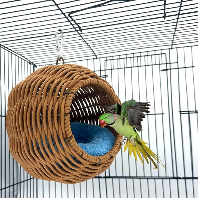 Rattan Bird Nest for Cage，Hanging Parrot Breeding Nesting House Washable Soft Lay Warm Sleep Hut Bird Cage Accessories for Cockatiels Budgerigars Finches Canaries