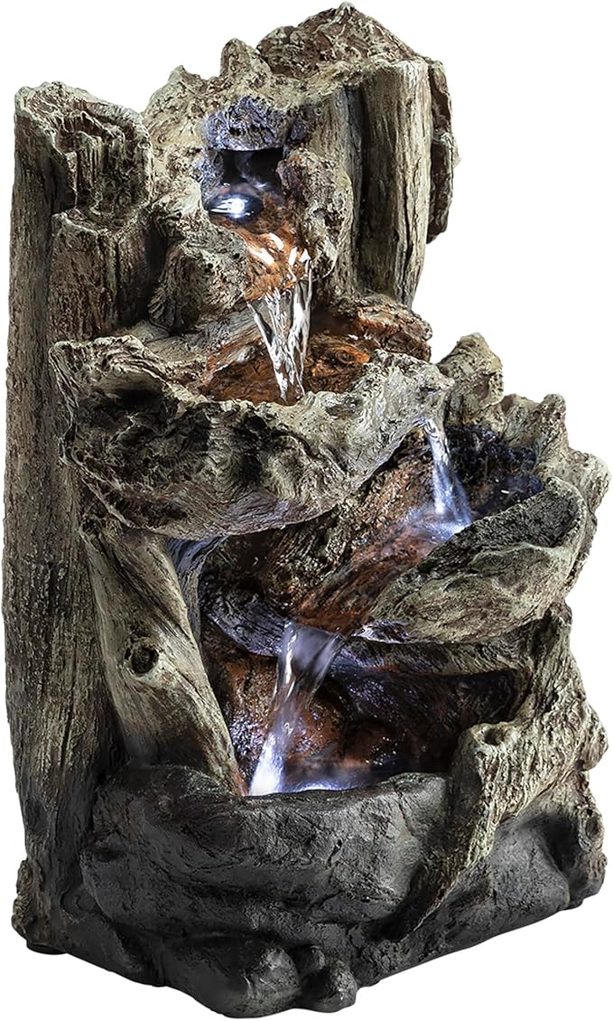 Alpine Corporation | 14"H Indoor Tiered Log Tabletop Fountain with LED Lights — Cascading Waterfall Design Creates Relaxing Ambiance for Home & Office Décor