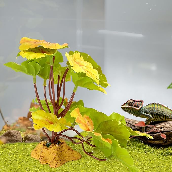 Reptile Plants for Terrarium Decor, Amphibian Habitat Decor Plant, Ball Python Decor Tank Accessories for Gecko Lizard Chameleon Frog Snake Tortoise with Base - Fake Heuchera Micrantha Yellow
