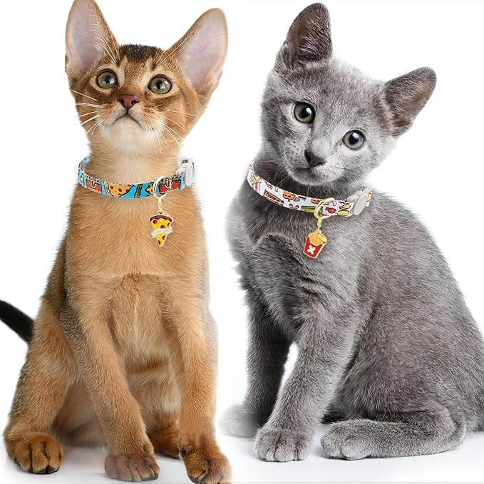 Faygarsle 2 Pack Breakaway Cat Collar with Bells for Female Malel Cats Cute Blue White Collar with Pizza Fries Charm for Cats