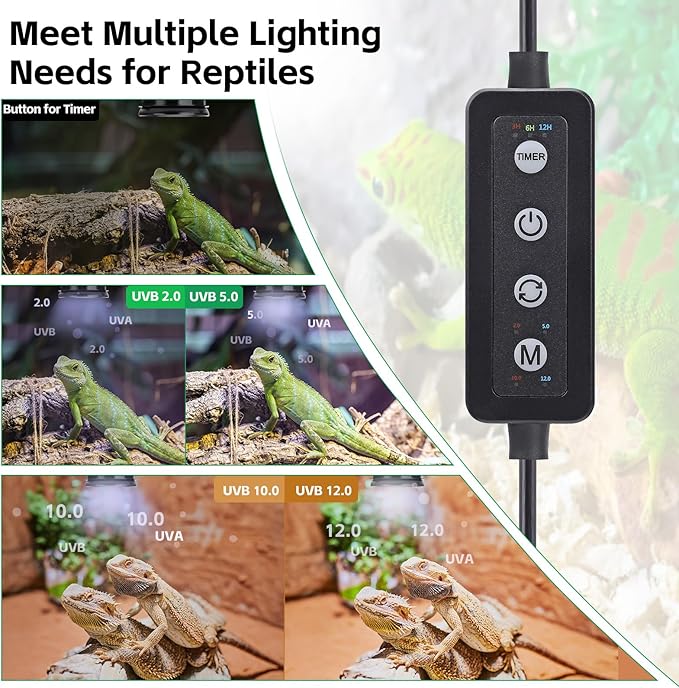 UVB Light for Reptiles with Dimming UVA UVB Reptile Light Fixture with Timer LED UVB Bulb for Bearded Dragon Gecko Turtle Chameleon Lizard Snake Adjustable Brightness Reptile Tank Accessories 6W Black