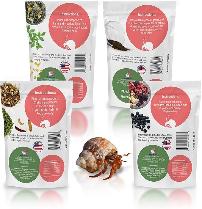 Snout and Shell Hermit Crab Food Bundle (Farm and Meadow, Fruity Breakfast Blend, Crabby Bug Blend, Greensand)