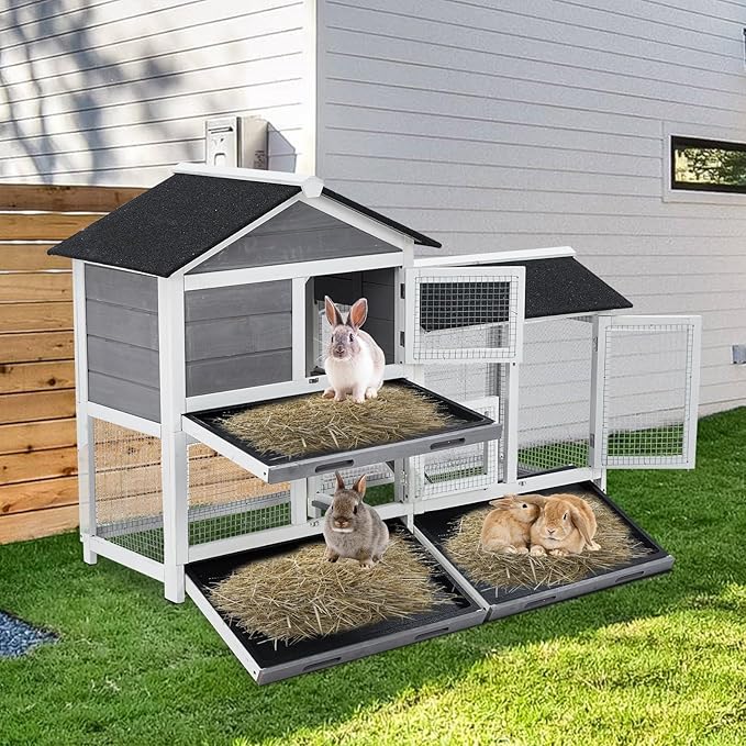 63 in Bunny Hutch Indoor Bunny Cage, with 3 Leak-Proof Removable Trays, Wooden Waterproof Roof Rabbit Hutch Indoor/Outdoor, 2-Tier Bunny House/Chicken Coop, Gray and Black