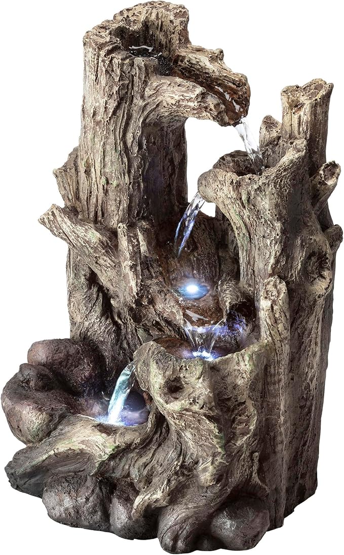 Alpine Corporation WIN786S Indoor 5 Tiered Rainforest Tree Trunk Tabletop Waterfall Fountain with LED Lights, 14" Tall, Brown
