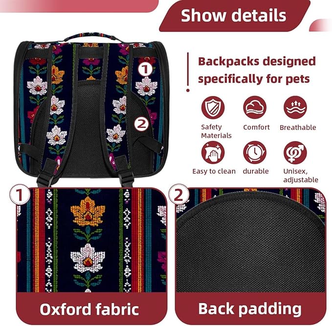 Motifs African Boho Paisley Floral (21) Cat Backpack Carrier, Large Pet Backpack for Medium Small Dog Cat Puppy Kitty Bunny