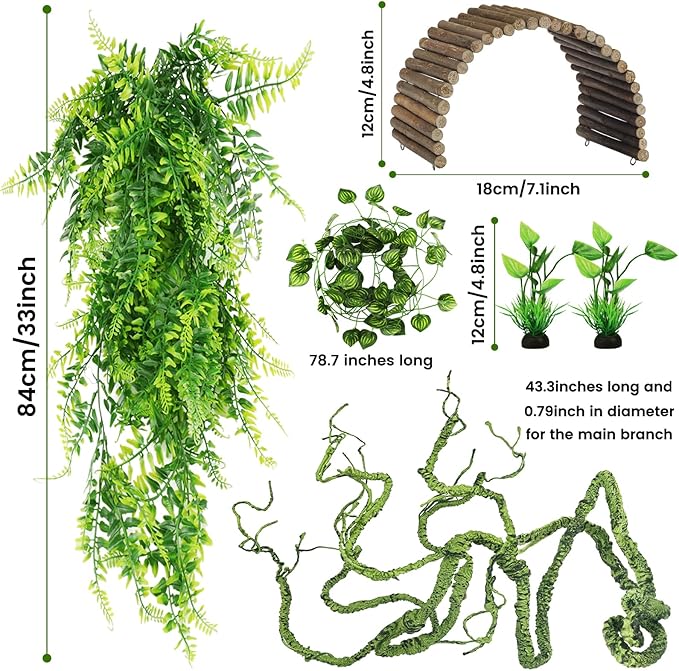Bearded Dragon Tank Accessories, Terrarium Hanging Plant Vines Artificial Leaves Reptile Hide, Bridge Jungle Climber Reptile Vines for Snakes Bearded Dragon Chameleon Gecko Lizard