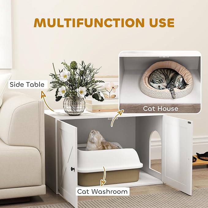 PawHut Cat Litter Box Enclosure, Hidden Litter Box Furniture with Barn Door, Cat Hole, Indoor Pet House Washroom, End Side Table, 31.5" x 21" x 20", White