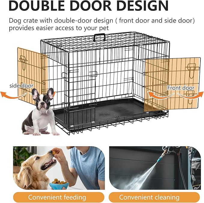 FDW Dog Crate 42-Inch Dog Cage Foldable Metal Kennel with Leakproof Tray Foldable Design Indoor Outdoor Use for Large Dogs,Dark Black