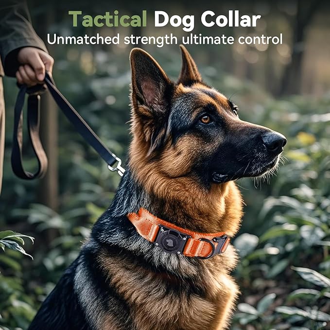 2026 Upgrade Waterproof AirTag Dog Collar, Military Tactical Dog Collar with AirTag Holder, Comfortable Control Handle and Metal Buckle, GPS Dog Collar Holder for Medium to Large Dogs (Orange, M)