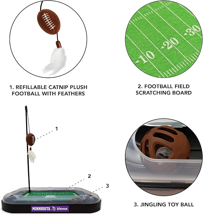 NFL Minnesota Vikings Football Field Cat Scratcher With Catnip Filled Plush Football & Feather Toy Hanging, Jingle Bell Interactive Ball Chasing 5-in-1 Kitty Toy