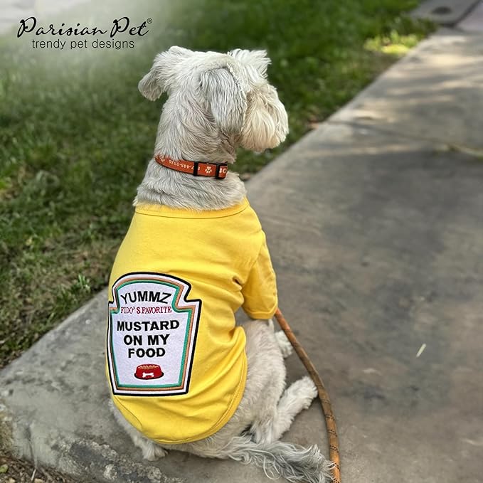 Parisian Pet Dog Shirt - Embroidered “Mustard on My Food“ - 100% Cotton and Polyester Dog Clothes - Sleeved, Lightweight Costume for Dogs - Yellow Dog Shirts for Small Dogs - Pet Costumes - S