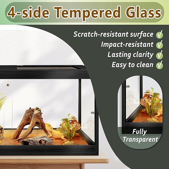 PROLEE Bearded Dragon Tank,28 Gallon Tempered Glass Reptile Tank with Mesh Roof and Front Sliding Door, Anti-Scratch Lizard Tank,Spacious Reptile Enclosure for Snakes,Lguanas, Chameleons(Black)