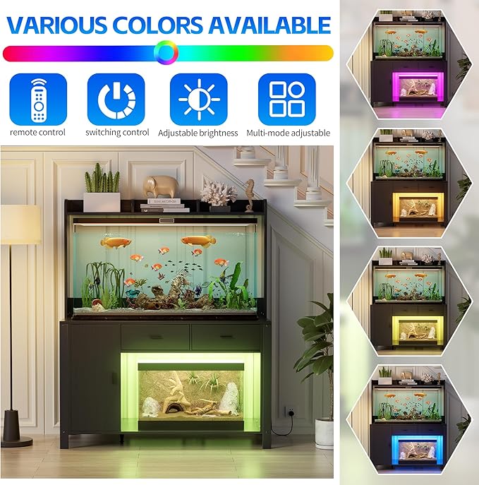 PAKASEPT 120 Gallon Reptile Tank Stand with LED Lights & Power Outlet,4x2x2 Large Reptile Terrarium Enclosure Stand with Storage Cabinet, for Bearded Dragons, Snakes, Lizards,Black