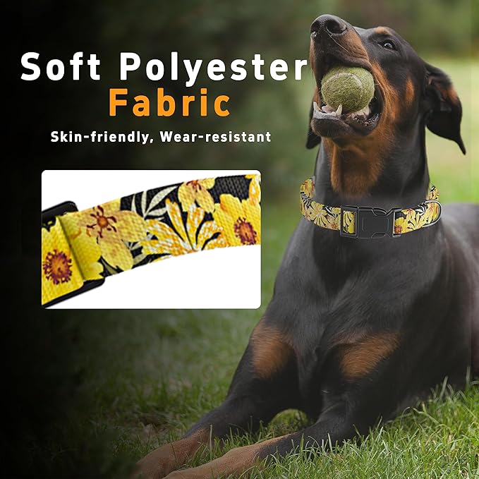 Dog Collar for Boys & Girls, Adjustable Soft Floral Pattern Pet Collar with Safety Buckle for Small to Large Dogs (Yellow, XL)