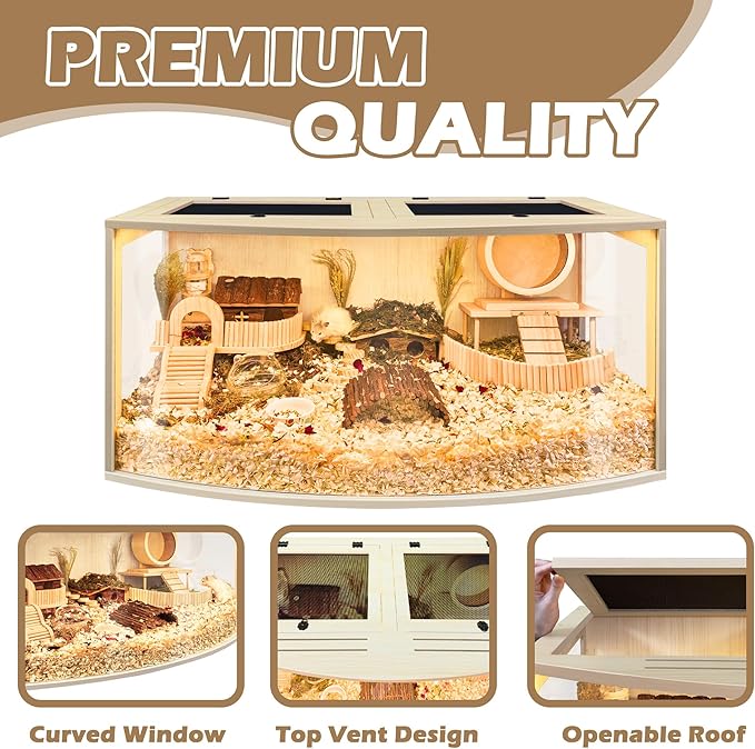Prolee Hamster Cage Chew Proof Wood, Hamsters Enclosure Openable Top with Curved Design,Waterproof Small Animals Cage with Acrylic Sheets for Gerbils,Hamster Habitat(40 Inches)