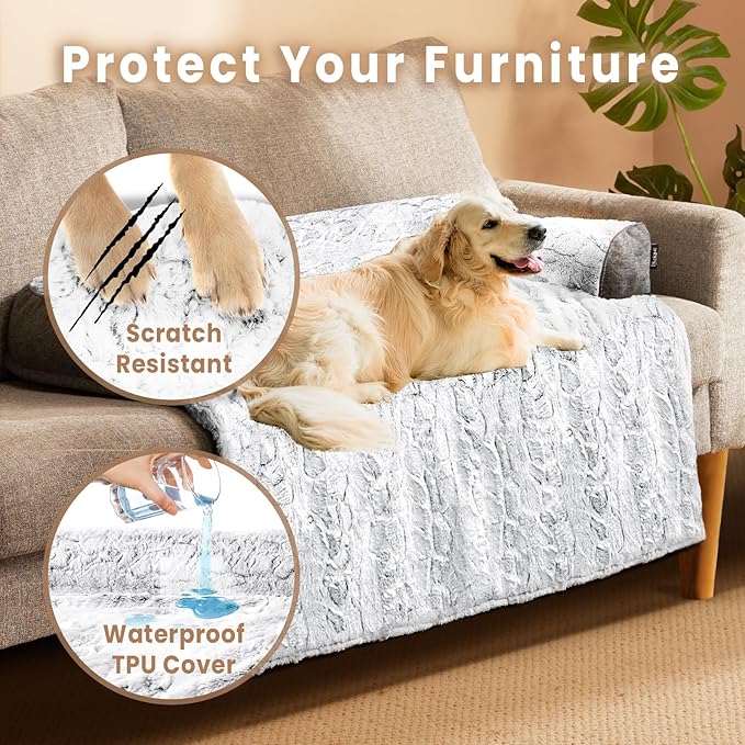 Calming Extra Large Dog Couch Bed, 45 x 37 inch Waterproof Memory Foam Dog Bed for Couch, Durable Fluffy Fuzzy Dog Bed Mats with Washable Removable Cover Protector for Sofa, Bedside - Grey