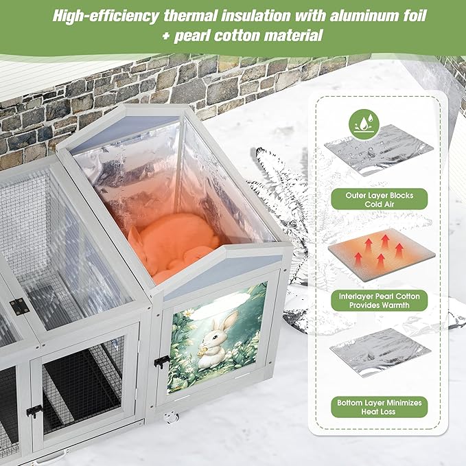 COZIWOW 39IN Heated Rabbit Hutch with Wheels, Insulated Indoor/Outdoor Bunny Cage House with Cleaning Tray, Sun Panel & Animal Pattern, Spacious Rabbit Cage for 1-2 Bunnies, (Warm Grey & Pattern)