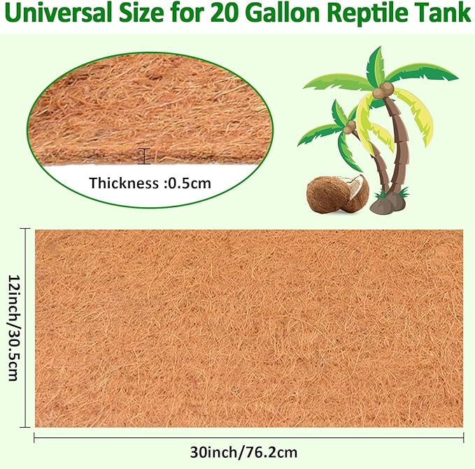 Halatool 2Pack Reptile Carpet 12” X 30” Coconut Fiber Mat for 20 Gallon Reptile Tank Thick Terrarium Bedding Cage Liner Tortoise Habitat Accessories for Turtles Lizard Bearded Dragon Leopard Gecko