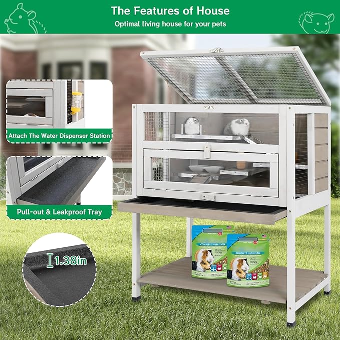 PetsCosset Guinea Pig Cages Wooden Hamster Cage Indoor with Stand and Storage Outdoor Small Animals Habitat with Metal Edges Ramps Hideout House,No Leak and Pull Out Tray, Easy Clean