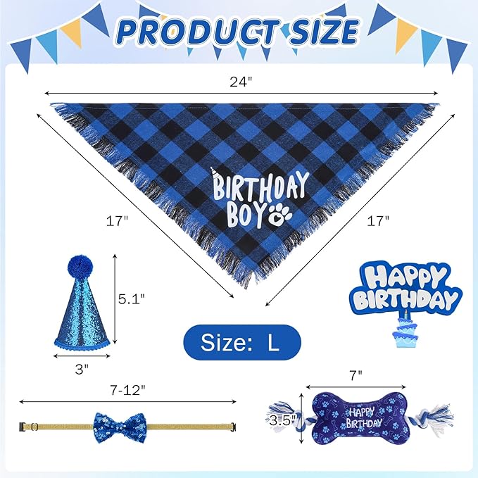 SCENEREAL Dog Birthday Party Supplies, Dog Birthday Bandana Hat Toy Bow Tie Collar Set with Birthday Numbers, Pet Birthday Scarf Accessories Outfit Decorations for Boy Girl Medium Large Dogs, L