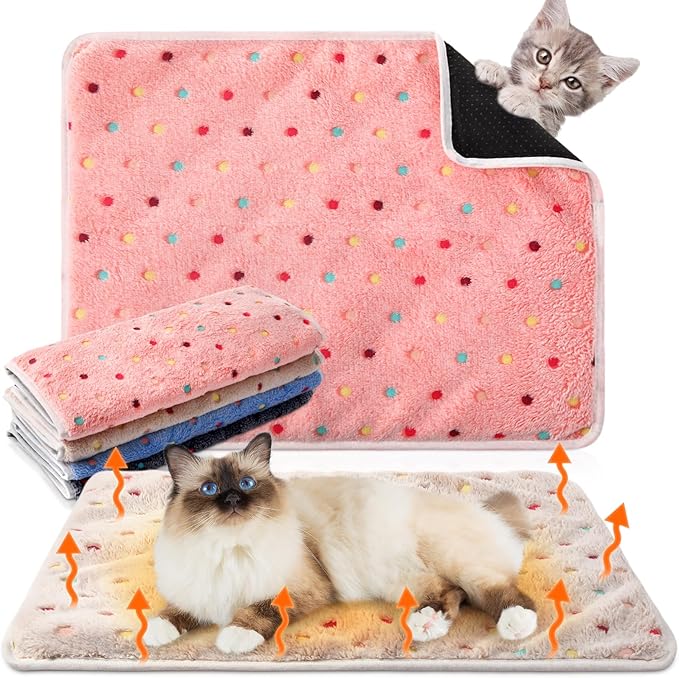 4 Pack Self Heating Cat Bed Cat Self Warming Pad with Removable Cover Extra Warm Thermal Pet Pad Washable Pet Crate Mat Anti Slip Kennel for Indoor Outdoor Pets(Dot,16 x 20 Inches)