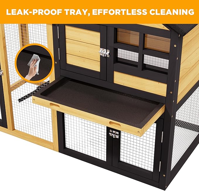 Bunny Cage Premium Rabbit Hutch with Leak-Proof Roof, 2-Story Bunny House for Guinea Pigs & Hamster, Wooden Chicken House with Deep Pull-Out Tray, Waterproof Chicken Coop for Outside (Yellow Black)