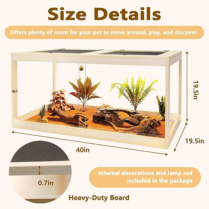 Prolee Reptile Terrarium Tank Up to 78 Gallon, Lizard Tank Bearded Dragon Tank with Metal Mesh Roof Door, Snake Tank with Lock Design (Oak, 60 Gallon Volume, 40 Inch Length)