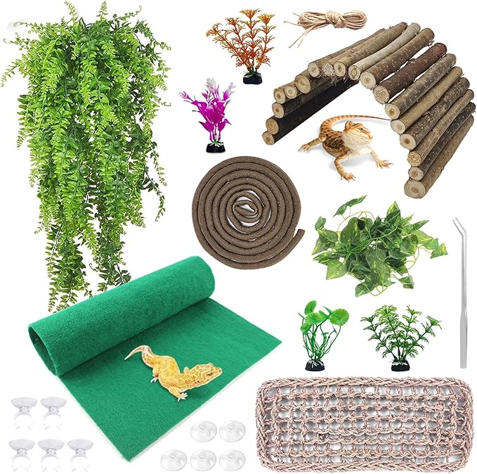 kathson Bearded Dragon Tank Accessories Kit, Reptile Hide Wooden Bridge Terrarium Liner Hammock Jungle Climber Vines Leaves Tweezer and Plant Reptile Habitat Decor for Chameleon Lizards Gecko Snakes