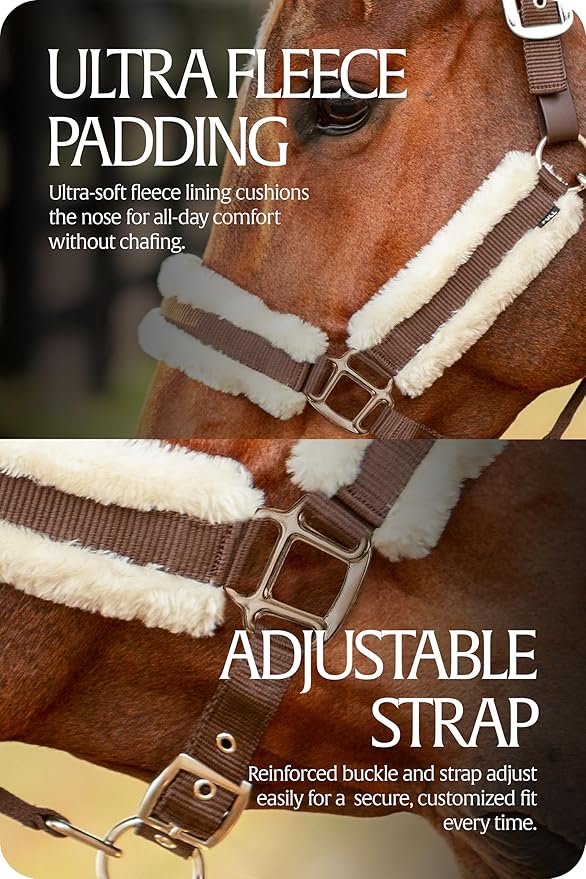 Equinavia Valkyrie Ultra Fleece Breakaway Horse Halter | Padded Fleece Adjustable Safety Halter with Nylon Webbing - Brown/Ivory White - Warmblood