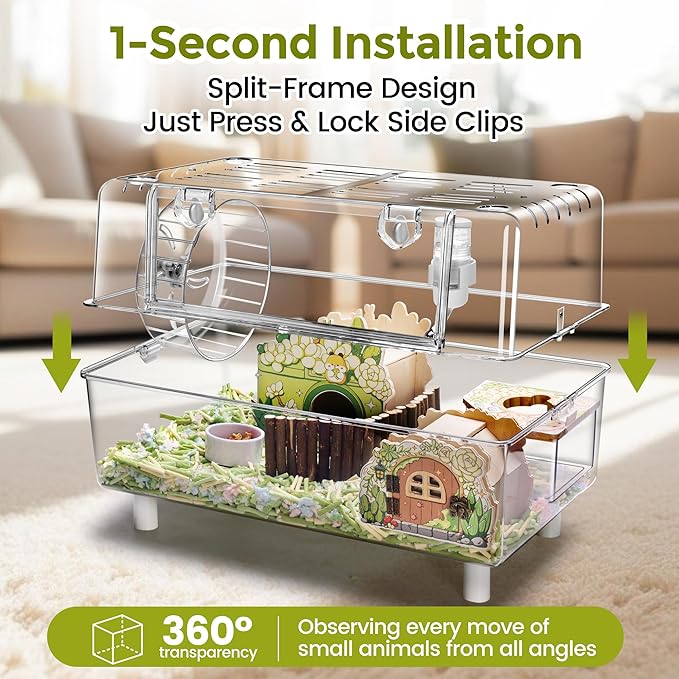 Acrylic Hamster Cage with All Accessories,Dwarf Hamster Cage with Stand,Syrian Mouse Cage for pet mice,Rat Cage for Hamster,Succulent Style Hamster House（19.84''L*11.42''W*10.39''H）
