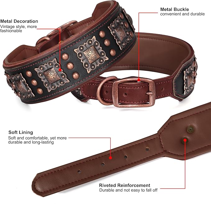 PET ARTIST Upgrade Padded Leather Dog Collar, 2 inch Wide Genuine Leather Dog Collars with Strong Studded Rivet & Metal Buckle, Adjustable Large Dog Collar for Pit Bull Doberman,Black,Neck 19-22"