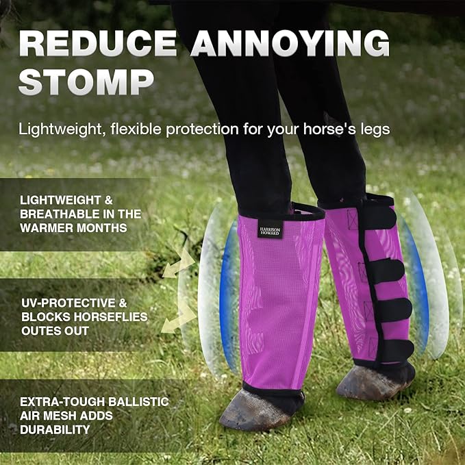 Harrison Howard Loose Fitting Fly Boots UV-Protective Extra Tough Mesh Ventilated Four Fasteners Stay-on Design Protect Horse Legs & Stomp-Reducing Set of 4 Purple Large