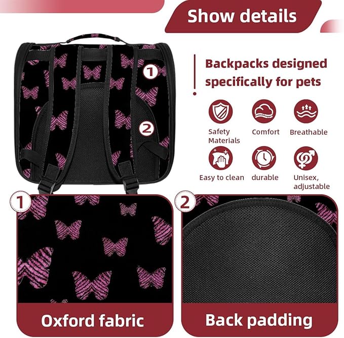 Butterfly on Black Background Pet Carrier Airline Approved Soft Sided Portable Cozy Travel Pet Bag, Car Seat Safe Carrier for Cats and Dogs