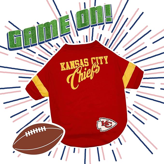 NFL Kansas City Chiefs T-Shirt for Dogs & Cats, Large. Football Dog Shirt for NFL Team Fans. New & Updated Fashionable Stripe Design, Durable & Cute Sports PET TEE Shirt Outfit