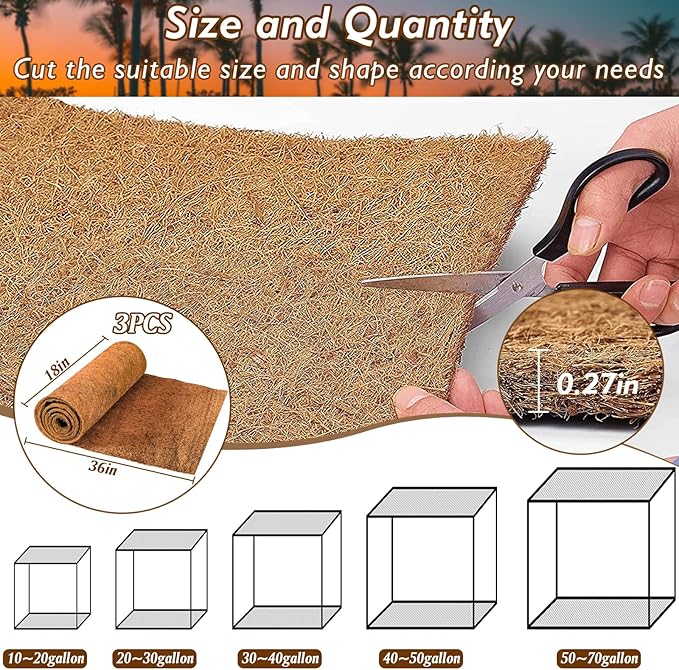 ZeeDix 3 Rolls Reptile Mat, 18 x 36 inches Natural Coconut Fiber Liner Mat Flooring Accessories for Reptile Tank - Bearded Dragon Tortoise Lizard Turtle Snake Leopard Gecko Substrate Bedding