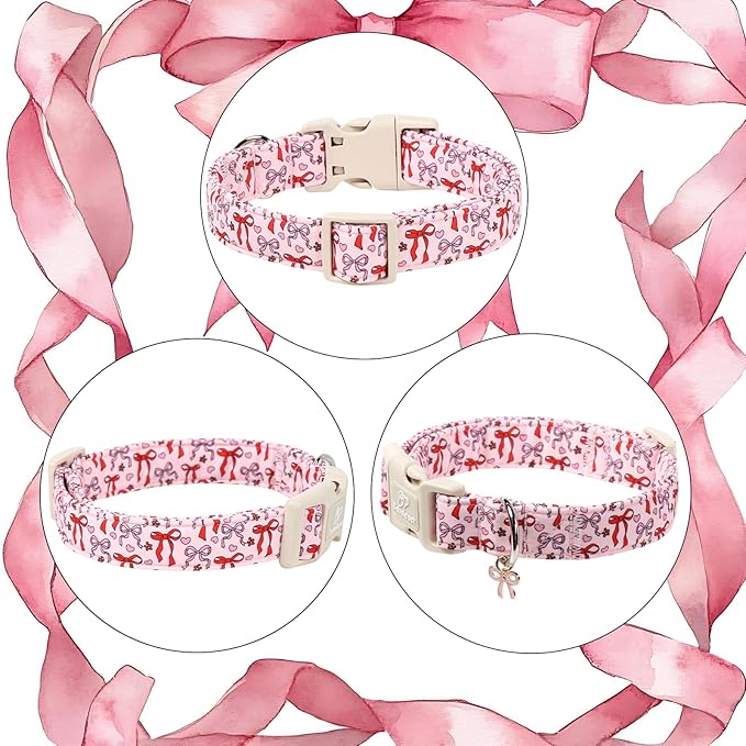 Girl Dog Collar for Small Dogs - Cute Heart Bow Print Girly Dog Collars, Soft Adjustable Spring/Summer Holiday Female Dogs Collar with Quick-Release Buckle XS