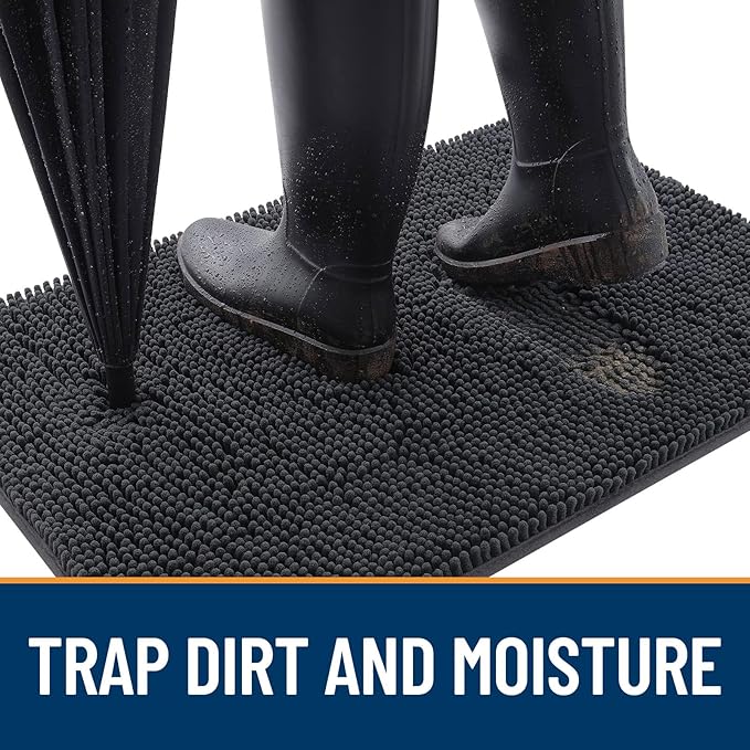 OLANLY Dog Door Mat Set 2-Piece 24x16, Absorbs Moisture and Dirt, Absorbent Non-Slip Washable Doormat, Quick Dry Chenille Mud Mat for Dogs, Entry Indoor Entryway Carpet for Inside Floor, Dark Grey