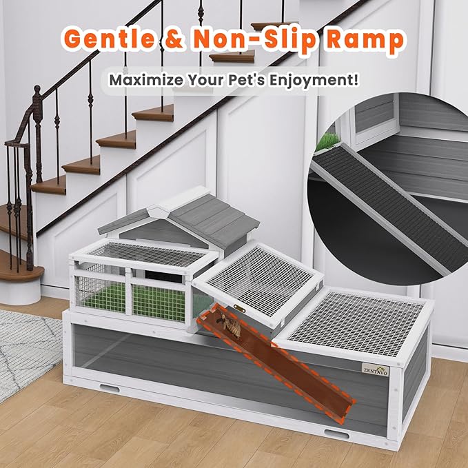 3-Room Large Tortoise Habitat with Pull-Out Tray, Wooden Reptile Enclosure Indoor & Outdoor with Ramp, Grass Mat, Openable Roof, Reptile Cage for Small Animals, Luxurious Tortoise House Villa, Gray