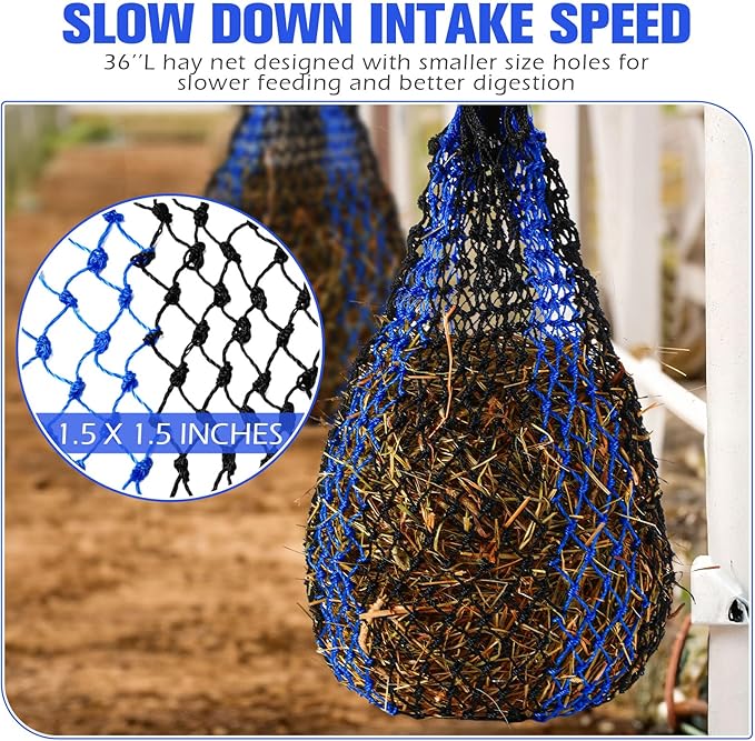 2 Pcs Slow Feed Hay Bag 36 Inch Ultra Slow Hay Feeders 1.5 x 1.5 Inch Holes Hay Nets for Horses Goat Livestock Horse Supplies, Black and Blue