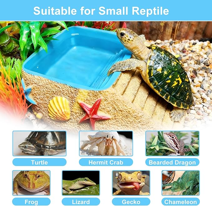 Tortoise Water Bowl,Reptile Water Dish,Resin Bearded Dragon Feeding Bowl with Ramp, Hermit Crab Bathing Pool, Lizard Food Dish Terrarium Decor for Turtle,Gecko,Chameleon,Frog(L)