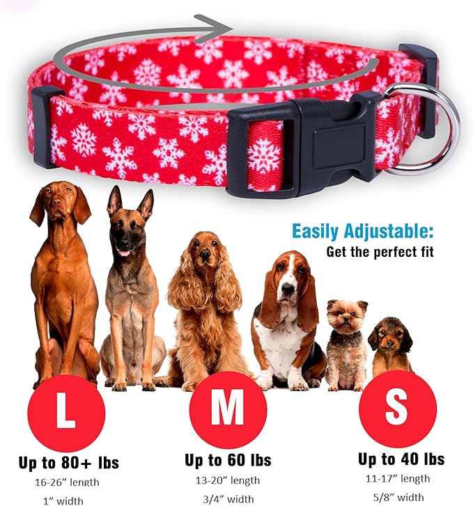 Native Pup Christmas Dog Collar- Winter Holiday Collars for Pets- Xmas Gift for Puppy- Santa, Reindeer, Snowman, Candy Cane, Red Green- Girl Boy- Small, Medium, Large Breeds (Red Snowflake, Medium)