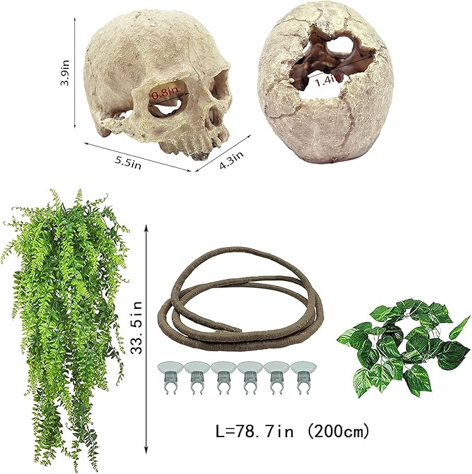 Tfwadmx Reptiles Skull Hide Decorations Bearded Dragon Tank Accessories Terrarium Ornament Gecko Hideouts Cave Snake Habitat Jungle Climber Bendable Vines Leaves for Lizards,Chameleon,Spider (4 Pcs)