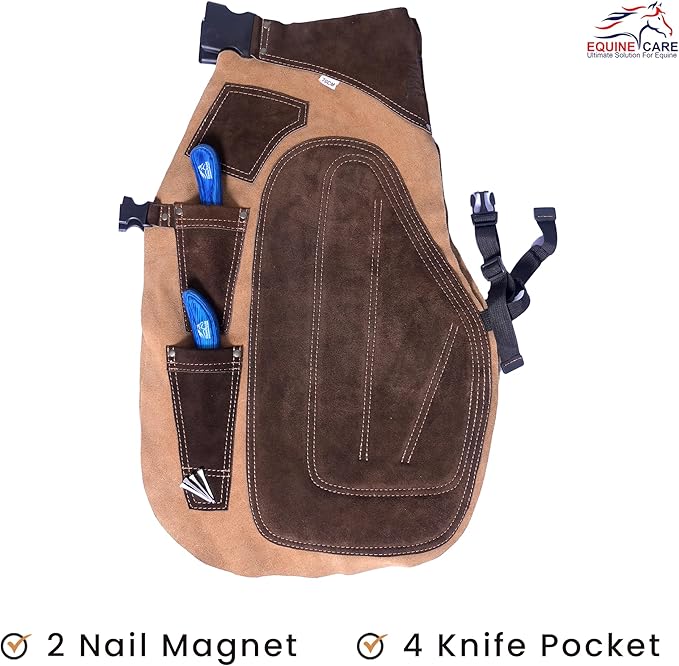 Equine Care Farrier Apron Chaps – Cowhide Suede Leather, Foam Padded Thigh and Back Support, Adjustable Waist, Tool Pockets, Magnetic Nail Holders (27 inches (70 cm))