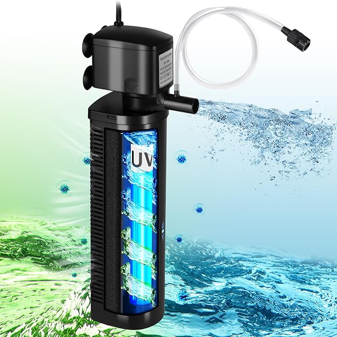 Small Pond Filter for 75-300 Gallon Tank, Aquarium U-V Filter Green Clean Machine Submersible Powerful Pump Canister Filter 600GPH for Fish Turtle Tank Saltwater Freshwater Crystal Clear Green Killing